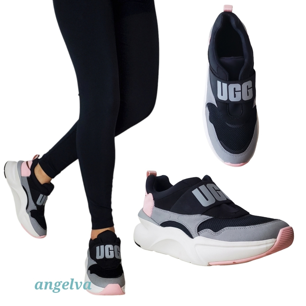New Ugg la flex big logo suede textile slip on chunky sneakers black pink sports